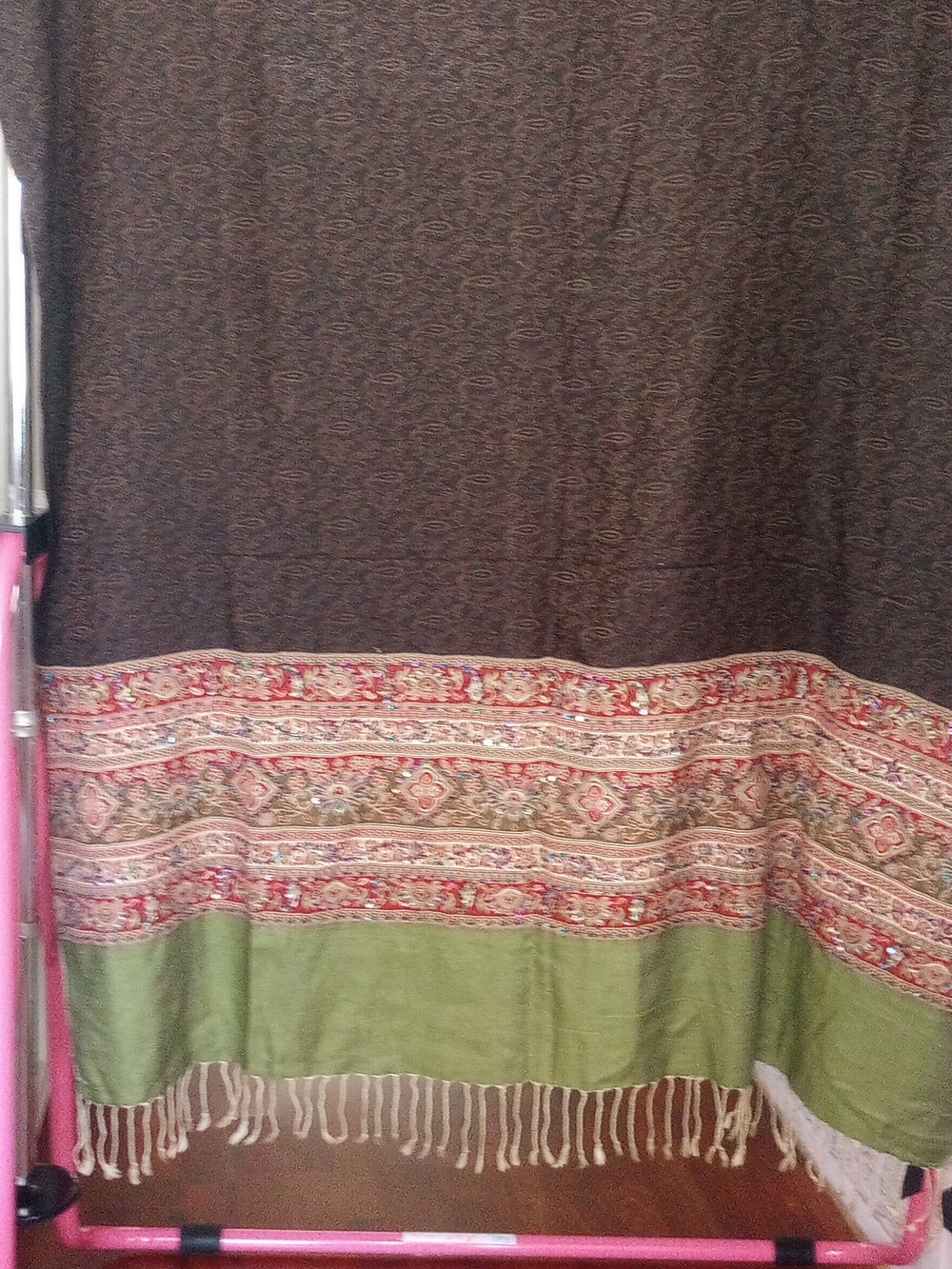 Cozy N Warm Brown and Green Patterned With Bead Work On Broader Woolen Shawal